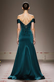 Off The Shoulder Peacock Blue Satin Evening Dress