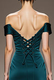 Off The Shoulder Peacock Blue Satin Evening Dress