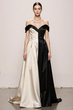 Black and White A-Line Off The Shoulder Satin Evening Dress