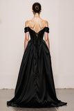 Black and White A-Line Off The Shoulder Satin Evening Dress