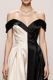 Black and White A-Line Off The Shoulder Satin Evening Dress