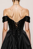 Black and White A-Line Off The Shoulder Satin Evening Dress