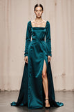 Peacock Blue A-Line Long Sleeve Satin Evening Dress With Slit