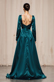 Peacock Blue A-Line Long Sleeve Satin Evening Dress With Slit
