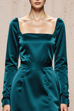 Peacock Blue A-Line Long Sleeve Satin Evening Dress With Slit
