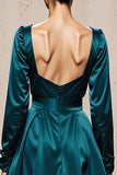 Peacock Blue A-Line Long Sleeve Satin Evening Dress With Slit