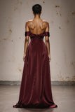 Burgundy Off The Shoulder Satin Evening Dress