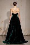 Dark Green Strapless A-Line Velvet Evening Dress With Slit