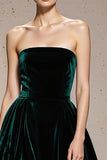 Dark Green Strapless A-Line Velvet Evening Dress With Slit