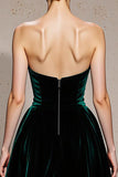 Dark Green Strapless A-Line Velvet Evening Dress With Slit