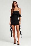 Black Bodycon Cold Shoulder Mini Dress with Ruffles
