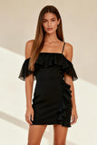 Black Bodycon Ruffled Cold Shoulder Mini Cocktail Dress