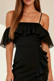 Black Bodycon Ruffled Cold Shoulder Mini Cocktail Dress