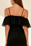 Black Bodycon Ruffled Cold Shoulder Mini Cocktail Dress