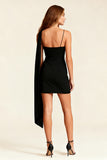 Black Asymmetrical Neck Tight Mini Dress With Sash