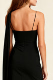 Black Asymmetrical Neck Tight Mini Dress With Sash