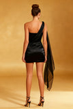 Black One Shoulder Satin Bodycon Cocktail Dress With Sash