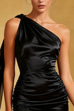 Black One Shoulder Satin Bodycon Cocktail Dress With Sash