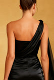 Black One Shoulder Satin Bodycon Cocktail Dress With Sash