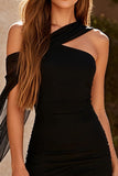 Bodycon Asymmetrical Neck Little Black Dress With Sash