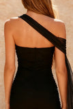 Bodycon Asymmetrical Neck Little Black Dress With Sash