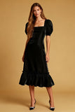 Black Velvet Midi  Holiday Dress With Puff Sleeves