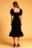 Black Velvet Midi  Holiday Dress With Puff Sleeves