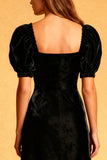Black Velvet Midi  Holiday Dress With Puff Sleeves
