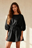Black Boat Neck Mini Dress With 3/4 Sleeves
