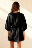 Black Boat Neck Mini Dress With 3/4 Sleeves