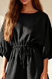 Black Boat Neck Mini Dress With 3/4 Sleeves