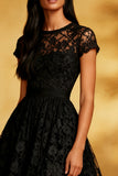 Lace A-Line Little Black Dress with Short Sleeves
