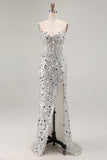 Sparkly Silver Strapless Corset Mermaid Prom Dress With Slit