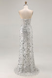 Sparkly Silver Strapless Corset Mermaid Prom Dress With Slit