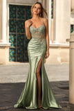 Green Mermaid Satin Corset Rhinestone Prom Dress With Slit
