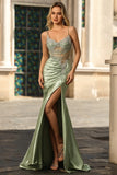 Green Mermaid Satin Corset Rhinestone Prom Dress With Slit