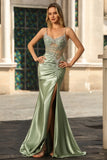Green Mermaid Satin Corset Rhinestone Prom Dress With Slit