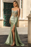 Green Mermaid Satin Corset Rhinestone Prom Dress With Slit
