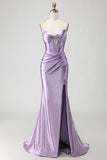 Purple Mermaid Corset Satin Beaded Prom Dress With Slit