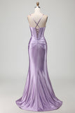 Purple Mermaid Corset Satin Beaded Prom Dress With Slit