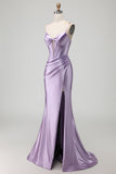 Purple Mermaid Corset Satin Beaded Prom Dress With Slit