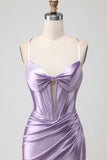 Purple Mermaid Corset Satin Beaded Prom Dress With Slit