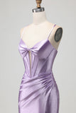 Purple Mermaid Corset Satin Beaded Prom Dress With Slit