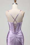 Purple Mermaid Corset Satin Beaded Prom Dress With Slit