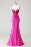 Fuchsia Mermaid Strapless Corset Prom Dress With Appliques