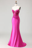 Fuchsia Mermaid Strapless Corset Prom Dress With Appliques