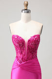 Fuchsia Mermaid Strapless Corset Prom Dress With Appliques