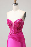 Fuchsia Mermaid Strapless Corset Prom Dress With Appliques