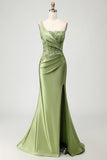 Green One Shoulder Corset Mermaid Appliqued Prom Dress With Slit