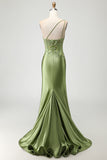 Green One Shoulder Corset Mermaid Appliqued Prom Dress With Slit